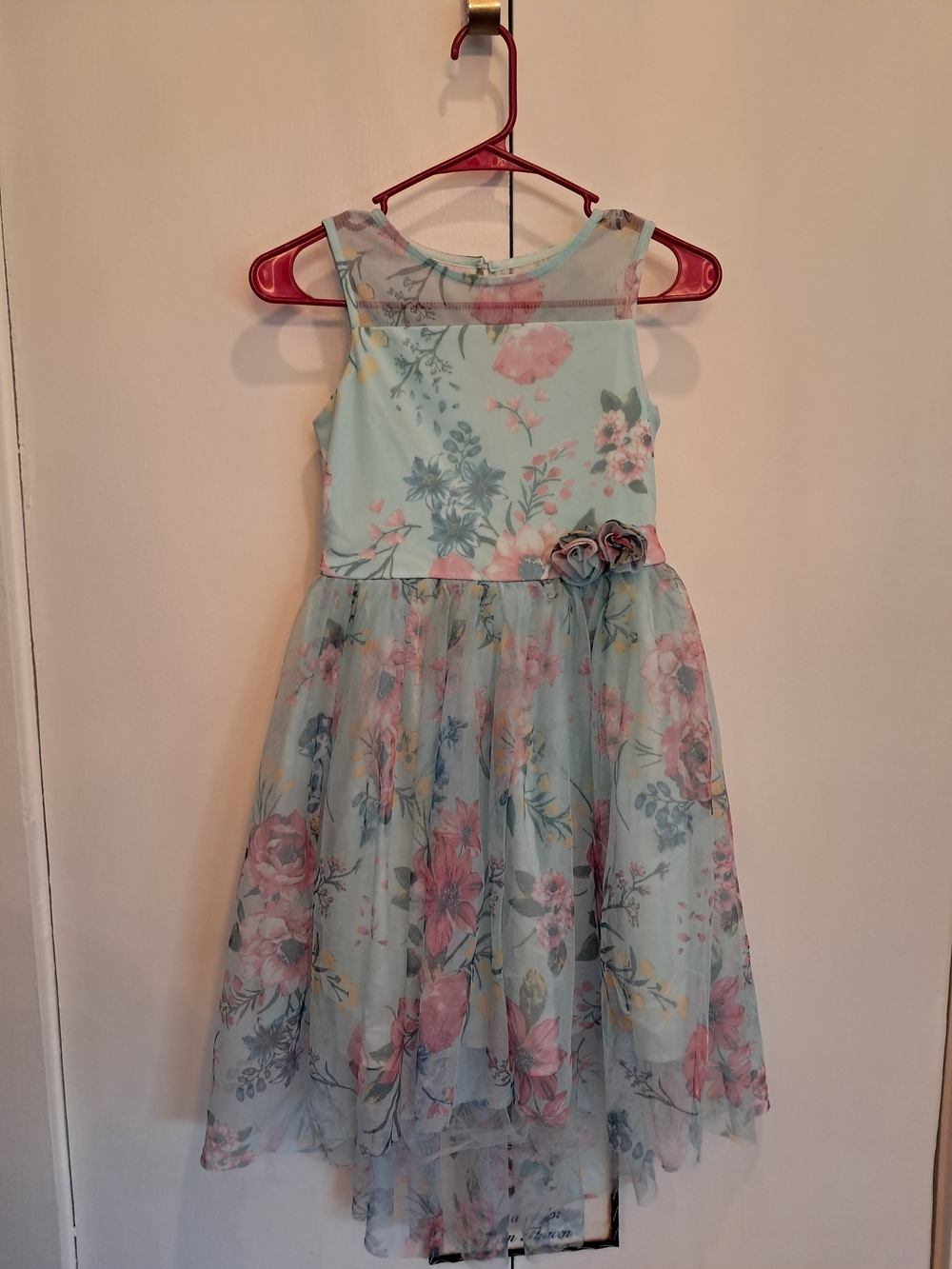 Floral Mesh Overlay Girls' Dress in Light Blue and Pink